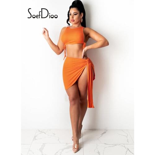 Poshby Solid O-Neck Bandage Crop Top Tank+Tassel Split Bodycon Mini Skirt Two Piece Set Party Club Outfits for Women Summer 2021