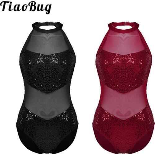 TiaoBug Women Adult Professional Dance Competition Ballet Leotard Halter Mesh Sequin Gymnastics Leotard Stage Dance Wear Costume