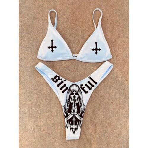 Women Funny Letters Print 2Pcs Bikini Suits Deep V-neck Detachable Breast Pad Sling Tops with Triangle Bottoms Swimsuits 2021