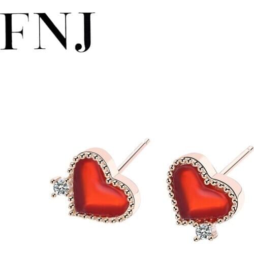 FNJ Red Heart Earrings 925 Silver Jewelry Original Pure S925 Sterling Silver Stud Earring for Women Cubic Zircon Red Agate