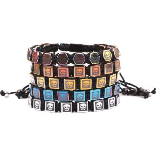 New Fashion 8MM square skull cross printed hematite beads braided friendship women men macrame bracelet bangle