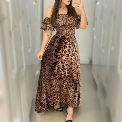 2020 Fashion Butterfly Leopard Dress Women Summer Off Shoulder Maxi Dress Short Sleeve High Waist Vintage Dresses Holiday Wear