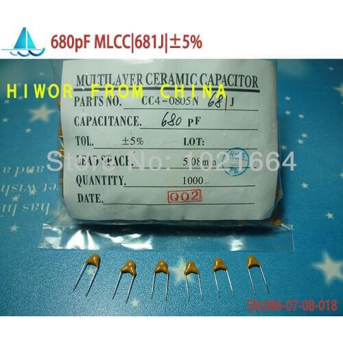 1000pcs/lot)(Capacitors|MLCC) 680pF 681J 50V Leaded Multilayer Monolithic Ceramic Capacitor, pitch:5.08MM, TOL:5