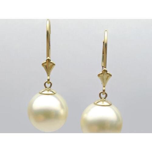 14K Yellow Gold AAA Light Golden South Sea Cultured Pearl Drop Earrings 12MM