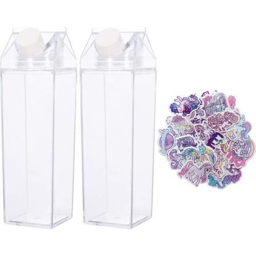 2 Pack Milk Carton Water Bottle,Clear Square Milk Bottles BPA Free Portable Water Bottle with 20 PCS Stickers For Outdoor 500ml