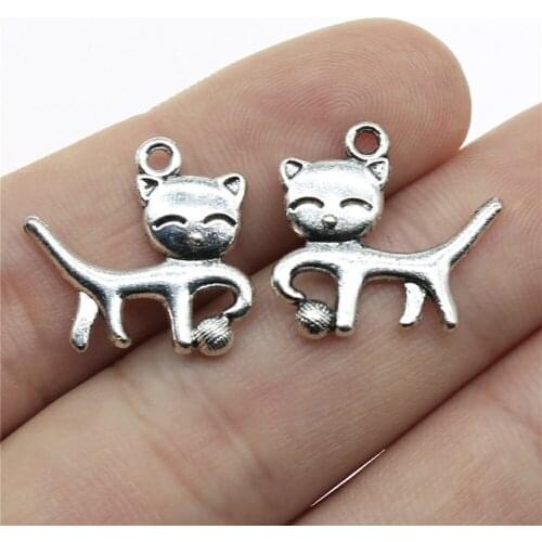 20pcs 19x18mm Pendant Cat Playing Ball Smile Cat Charm Pendants For Jewelry Making Antique Silver Color Cat Pendants