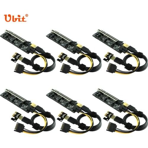 Ubit 6pcs Black V009S-PLUS PCI Express Riser Card 6 Pin SATA 1X to 16X PCI-E Extender Adapter Cable Power 0.6m USB3.0 For Mining