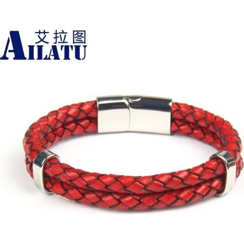 Ailatu Personality Genuine Leather Bracelet Double Layer Black & Red Bangle for Unisex Accessories Jewelry Birthday Gift