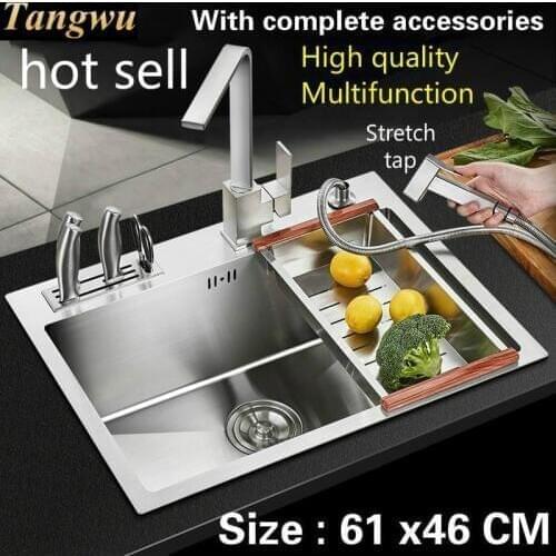 Free shipping Food grade 304 stainless steel kitchen sink 3mm thick hot sell common single trough stretch tap hot sell 61x46 CM