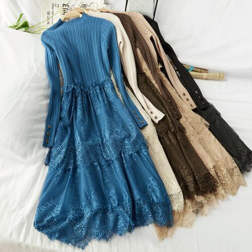 Elegant O-neck Slim long Thick Sweater dress women Autumn Winter lace Patchwork Knitted dress Bodycon Female Slim Girl Dresses