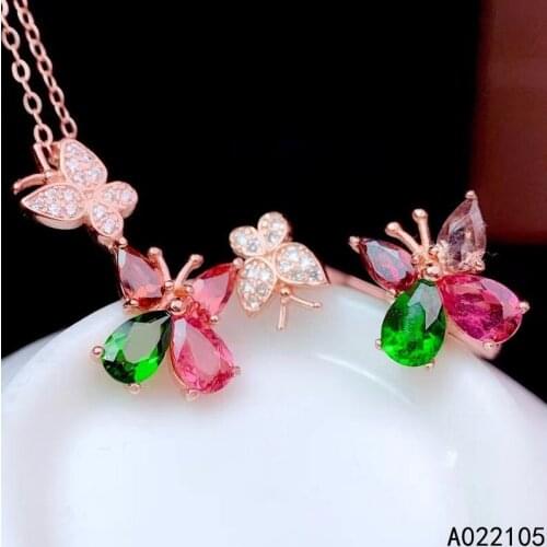 KJJEAXCMY fine jewelry 925 sterling silver inlaid Natural tourmaline women elegant vintage butterfly gem pendant open ring set s