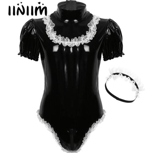 Men Adults Sissy Maid Dresses Cosplay Costume Set Wetlook Clubwear Latex Leather Puff Sleeve Leotard Bodysuit with Lace Headband