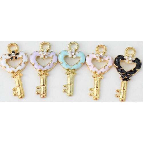 Crystal Peach Heart Key Shape Pendant Charms DIY Korean Jewelry Accessories Gold Drip Oil Making Material For Bracelet,Earrings