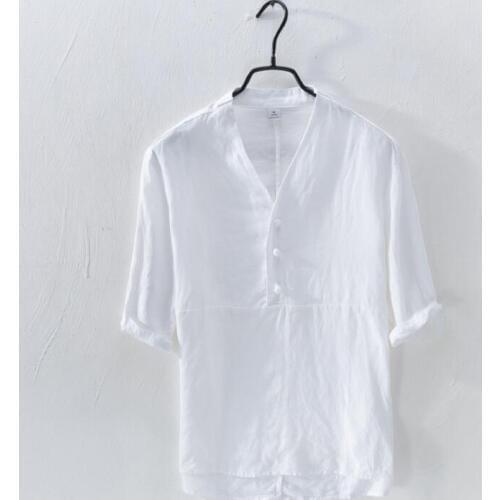 Summer New Mens Fashion Breathable half sleeve Shirt 100% Linen Men Quality Casual Slim Shirts male Solid Cotton tops M-3XL