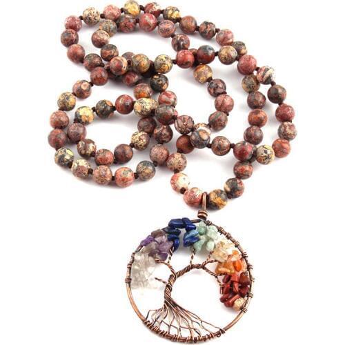 Fashion Bohemian Tribal Jewelry Leopard skin Stone Knotted Rainbow Round Circle Pendant Necklaces For Women Ethnic Necklace