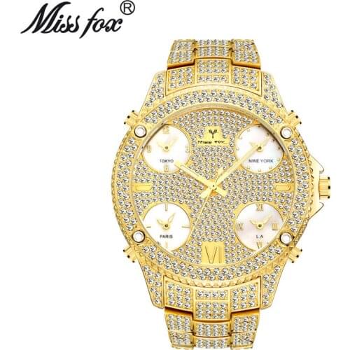 MISSFOX 51MM Oversized Big Dial Luxury Watch Men Diamond Accented Case With 5 Quartz Movt Analog Male Gold Business Wrist Watch