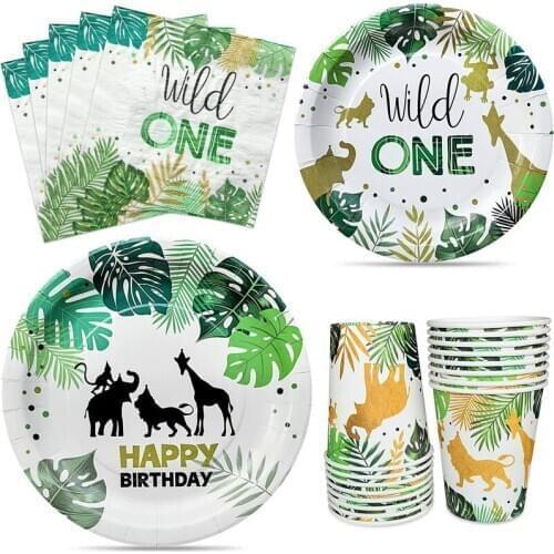 Birthday Jungle Party Disposable Tableware Set Jungle Theme Paper Plate Straw Cup napkin Wedding Party Decor Kid Wild One Ballon