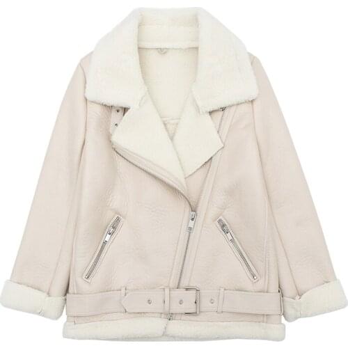 New Women Lamb Fur Faux Leather Jacket Coat Down Collar Winter Thick Warm Zipper With Belt Outerwear Jaqueta Couro Feminina