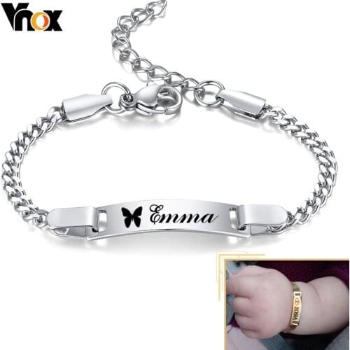 Vnox Personalized ID Bracelet for Newborns Baby, Customize Name Stainless Steel Girls Boys Bangle with Cuban Chain,Birthday Gift