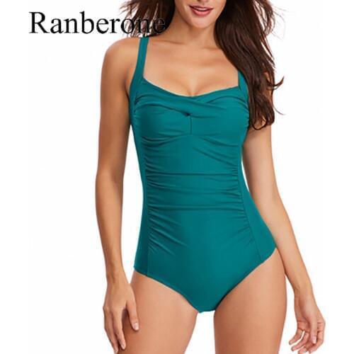 Ranberone 2020 Sexy Green Solid Swimwear Women One Piece Swimsuit Ruffle Ruched Monokini Girl Beach Wear Bathing Suits S-XXL