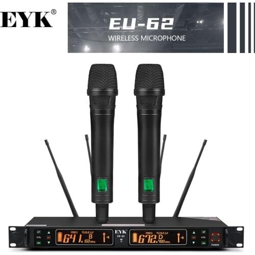 EYK EU-62 True Diversity 2 Handheld UHF Wireless Microphone 2*100 Channel Selectable Frequency Perfect for Stage Vocal Concert