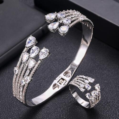 Janekelly Luxury waterdrop Bangle Ring Sets Fashion Dubai Bridal Jewelry Sets For Women Wedding brincos para as mulheres