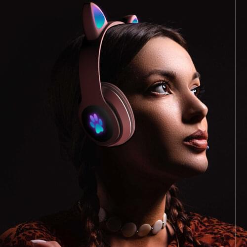 Cute Cat Ear Bluetooth Headphone with Microphone Headsets V5.0 Flashing Wireless Earbuds Foldable Game Stereo Kids Earphone