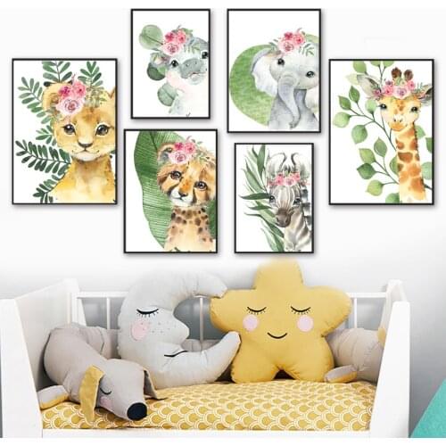 Elephant Zebra Giraffe Leopard Lion Flower Animals Nursery Wall Art Canvas Painting Poster Wall Pictures Baby Girl Room Decor