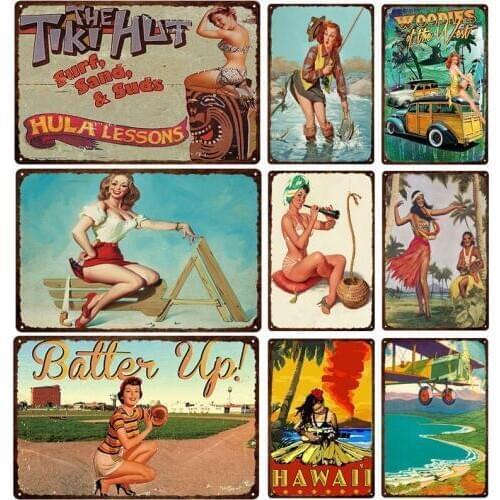 Vintage Creative Pin Up Girl Metal Signs Retro Tin Poster Wall Art Iron Painting For Pub Living Room Home Decoration 20x30cm