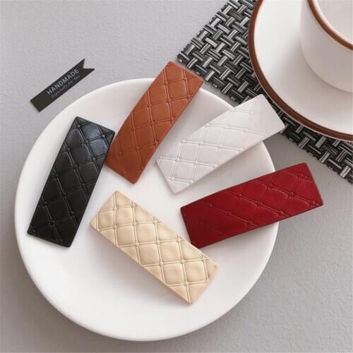 Korean Fashion Hair Side Clip PU Leather Flower Bow Hairpins Geometric Simple Plaid Headpiece Retro Hair Accessories Hairgrips