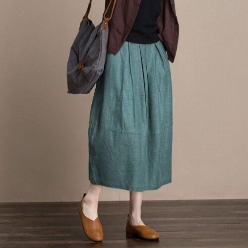 Spring Summer Arts Style Women Elastic Waist Vintage Cotton Linen Long Skirt All-matched Casual Loose Skirts Female Saia V426
