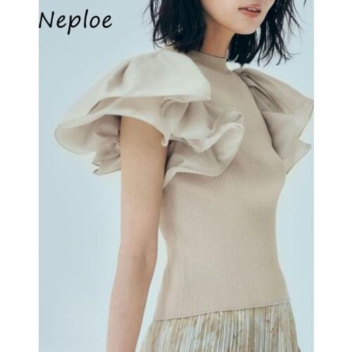 Neploe O Neck Ruffles Short Sleeve Solid Blouse Women Slim Fit Knit Work Style Ol Simple Blusas Summer 2021 New Shirt Feminino