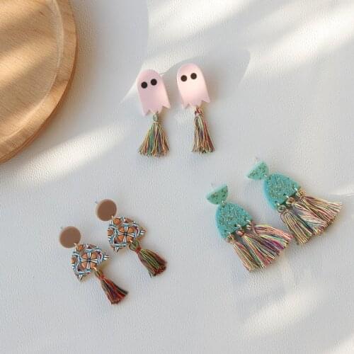 AOMU Boho Cute Acrylic Geometric Semicircle Colorful Graffiti Flower Hit Color Colorful Tassel Earrings for Women Jewelry Gifts