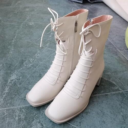 Women ankle boots natural leather plus size 22-26.5CM Individual design square heel leisure shoes Hollow shaft beige boots