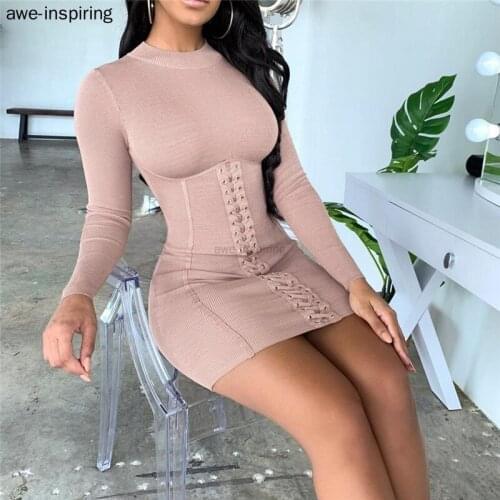 Women Dresses Sexy Long Sleeve Grey Solid Casual Mini Bodycon Knitted Dress For Women Female 2021 Slim Red Pink Black
