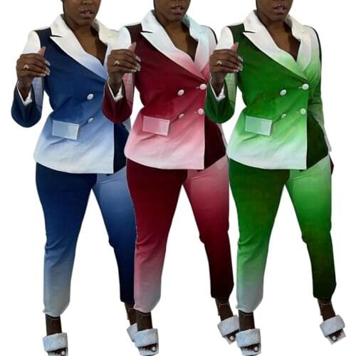 Gradient Printed Office Lady Two Piece Set Autumn Long Sleeve Turn Down Top Button Up Top And Long Skinny Trousers Fashion Suit