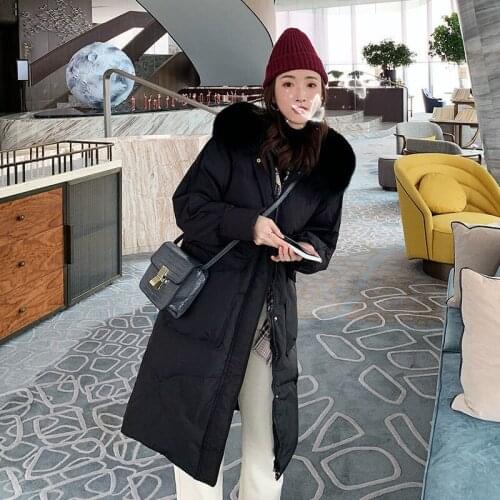 2021 Women Winter New Real Fox Fur Collar Down Jacket Female Long White Duck Down Coats Ladies Thick Loose Hooded Outwear Q444