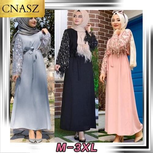 2020 New Arabic Clothing Muslim Fashion Tassel Splicing Long Sleeve Dress Women Islamic Turkey Elegant Dress Middle East Dubai