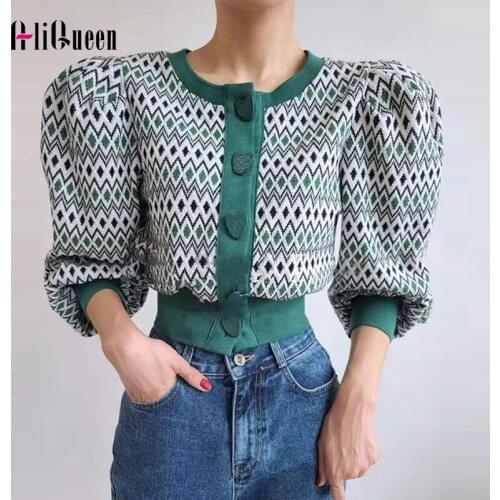 2020 Fall Winter Women Knitted O Neck Pockets Sweater Cardigans Coat Female Puff Sleeve Singel Breated Casual Cropped Tops Coats