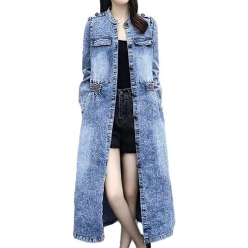 2021 New Arrive Fashion Cotton Long Denim Jacket Trench Coat Cardigan Women Plus Size Long Sleeve Jeans Coat