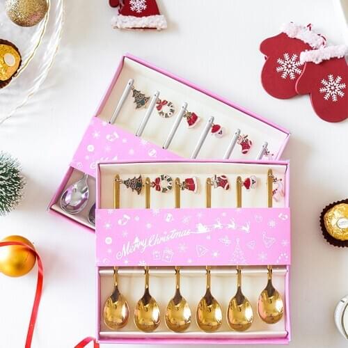 6pcs Creative Titanium Coffee Afternoon Tea Dessert Cake Spoon Stainless Steel Christmas Box Set Table Decoration Holiday Gift