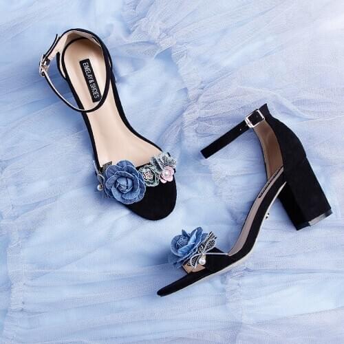 Women Sandals Floral Wedding Shoes Black Sandals Pumps 7cm Block High Heels Bride Shoes Ladies Ankle Bags Ankle Straps Plus Size