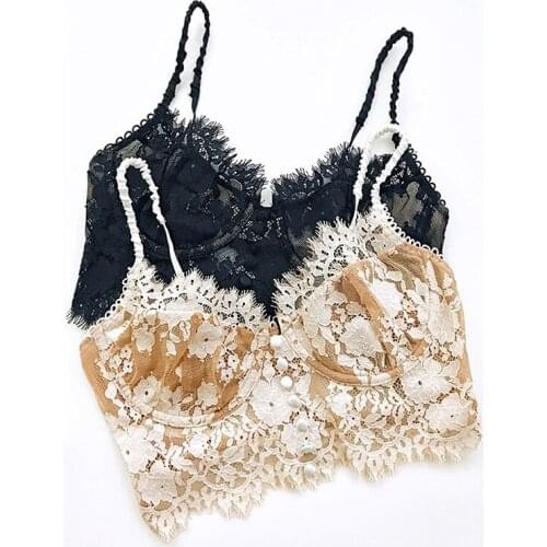 New Women Eyelash Sexy Lingerie Big Backless Padded Bra French Mesh Flower Embroidery Bralettes Gathering Ladies Underwear