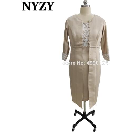 Elegant Satin 2 Piece Champagne Mother of the Bride Dresses with Coat Jacket NYZY M286 Wedding Party Guest Wear Evening Gown