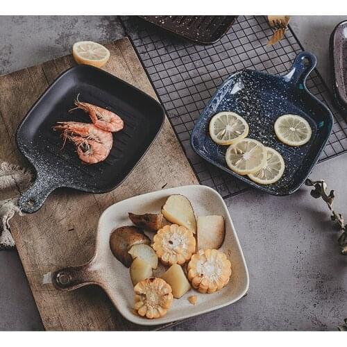2pcs Japanese Art Retro Ceramic Baked Rice Baking Pan Single Household Western Food Steak Dessert Pan with Handle Kitchen Dishes