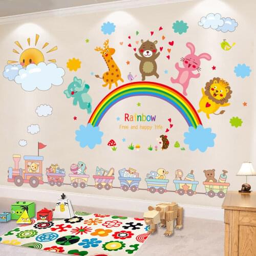[shijuekongjian] Toys Train Wall Stickers DIY Animals Rainbow Wall Decals for Kids Rooms Baby Bedroom Nursery House Decoration
