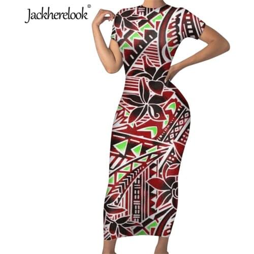Jackherelook Polynesian Samoan Floral Vintage Slim Bodycon Dress for Womens Short Sleeve Vestidos Elegant Ladies Pencil Dresses