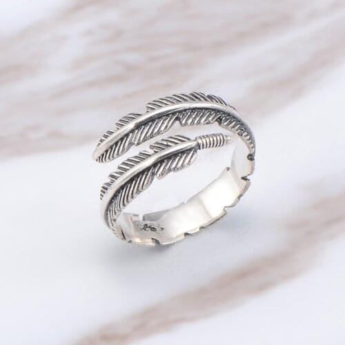 Boho Adjustable Chic Feather Leaf Ring Vintage Thai Metal Color Men Women Wedding Hippie Punk Biker Spinner Rotatable Rings
