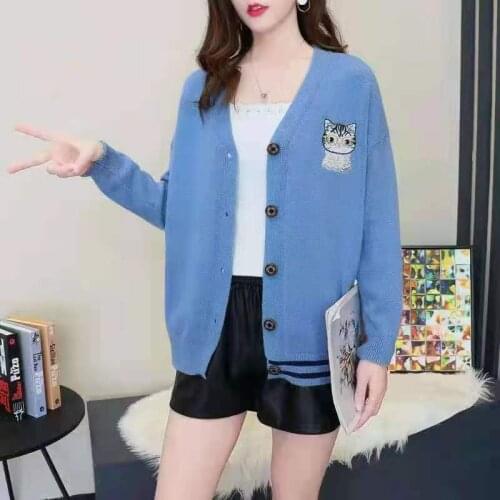 Korean Kawaii Cat Women Cashmere Sweater Jumper Coat Cute Kitty Embroidery Girl Long Sleeve Large Size Warm Knit Cardigans