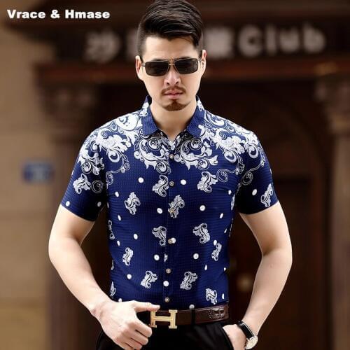European style fashion slim personality printing boutique men shirt Summer new arrival quality cotton short sleeve shirt M-3XL